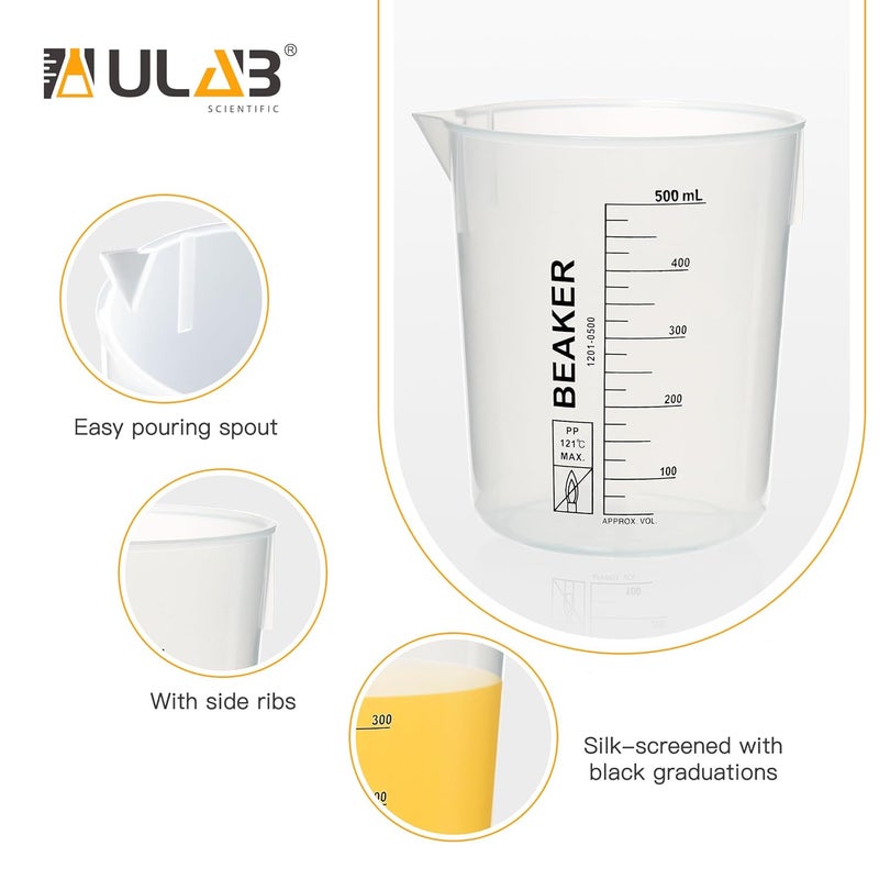ULAB Scientific Stackable Graduated Plastic Beakers, 4pcs of Vol.500ml(16.9oz), with Easy-to-Read Printings in Black, UBP1025 - Image 3